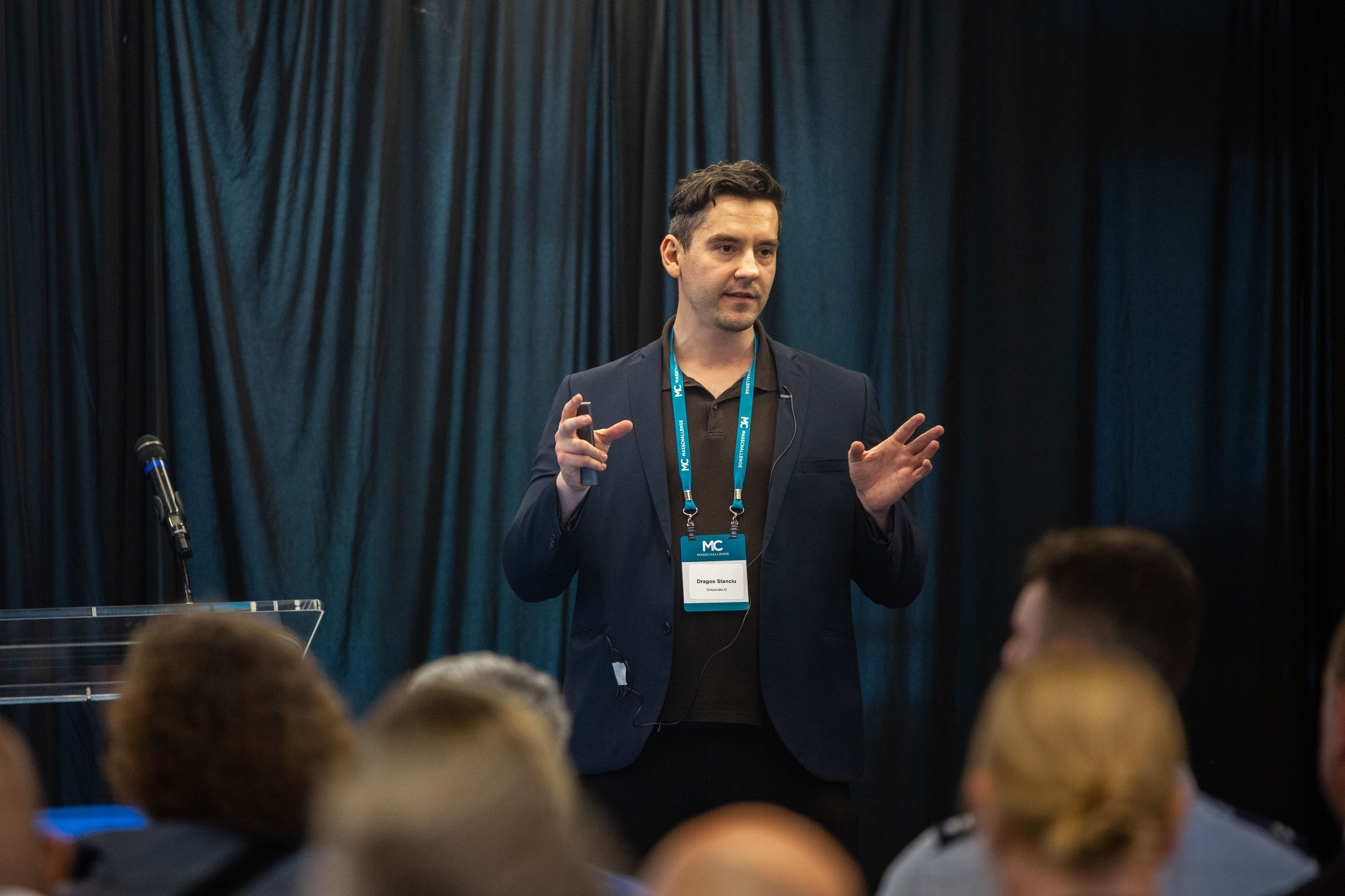 Dragos Stanciu, CEO of Grayscale AI presents his pitch at the Boston Demo Day.